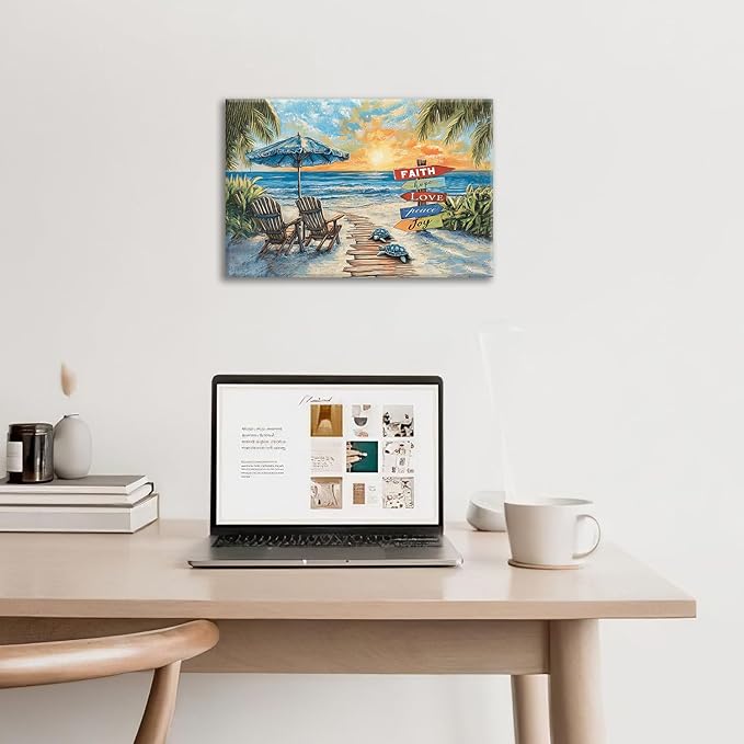 Beach Ocean Bathroom Pictures Wall Art, Seaside Coastal Bathroom Wall Decor, Sunrise Framed Painting Canvas Artwork for Bedroom Living Room Decorations 24"L x 16"W-PawvioPets