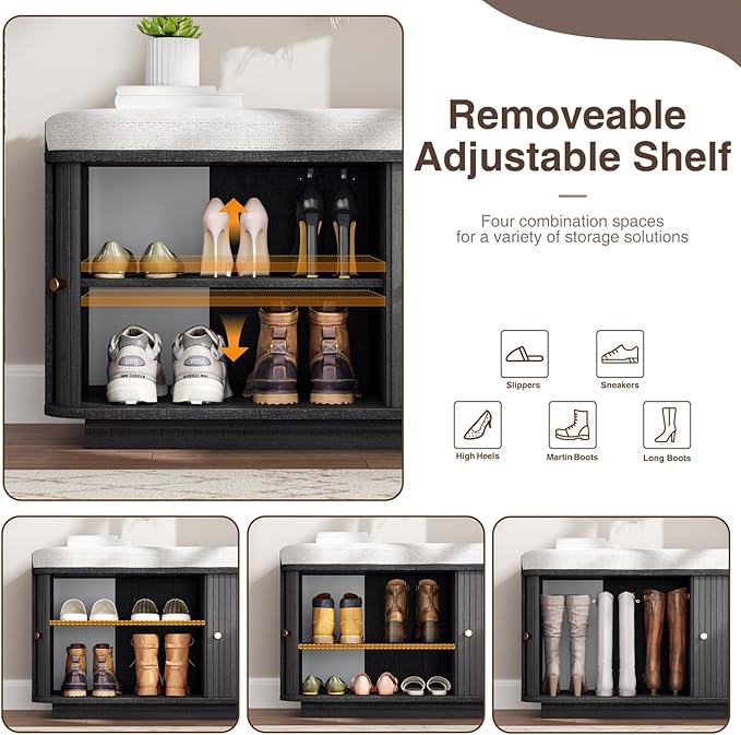 Dark Grey 39.4" W 2-Tier Shoe Bench with Storage | Entryway Bench with Padded Cushion, Sliding Doors & 5 Hooks-PawvioPets