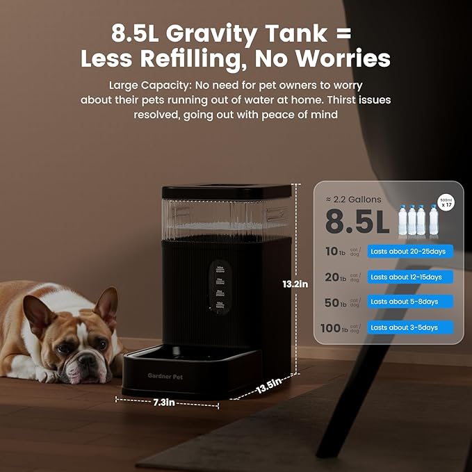 Gardner Pet Automatic Dog Water Dispenser Gravity Waterer with Stainless Steel Bowl Water Dispenser 8.5L Large Capacity Water Feeder for Dogs Cats Pets, BPA-Free Noise-Free (Black, 8.5L)-PawvioPets