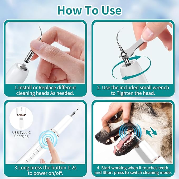 Dog Plaque Tartar Remover, Electric Toothbrush Teeth Cleaner Dental Care Kit for Dogs Cats- 5 Modes LED IPX6 Waterproof Auto-Stop Gum Protection USB Charge, 3 Brush Heads, Pet Teeth Cleaning Tools-PawvioPets