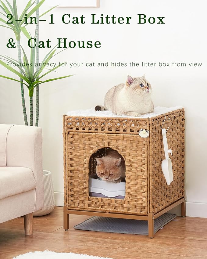 Cat Litter Box Enclosure Hidden Litter Box Furniture with Metal Heightened Feet, Rattan Handwoven Cat House with Litter Mat, Hidden Litter Box Furniture for Bedroom Living Room Natural-PawvioPets