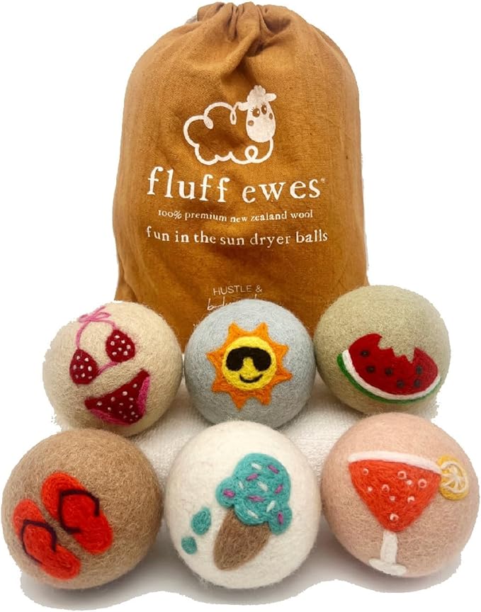 Fluff Ewes Wool Dryer Balls 6 Pack Premium New Zealand Wool Laundry Balls for Dryer, No Static Dryer Balls Laundry Reusable, XL Wool Dryer Balls Cute, Baby Dryer Balls for Dryers - Fun in The Sun-PawvioPets