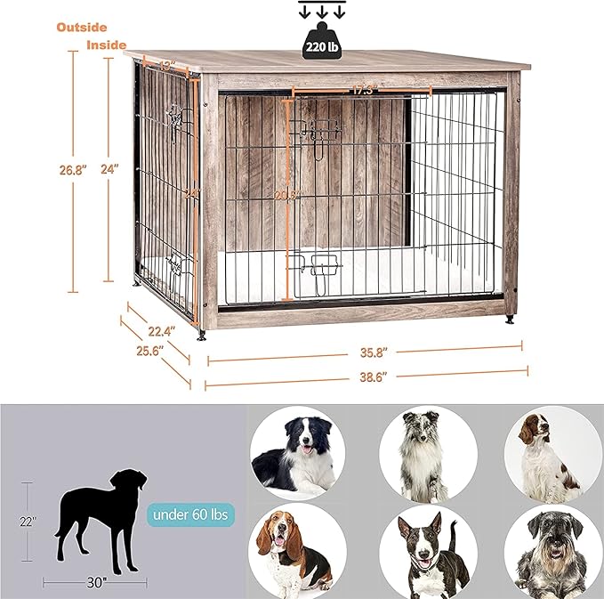 DWANTON Dog Crate Furniture with Cushion, Wooden Kennel Table with Double Doors, Indoor Dog House, Large Size, 38.5" L, Greige-PawvioPets