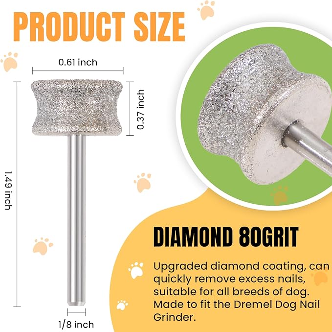 CAELUM Diamond-Coated Pet Nail Grinder Bit, 1/8” Shank for Dremel Nail Tools, Durable & Low-Noise Nail Trimmer for Dogs, Top & Side Grinding, Gentle, Precise Nail Grooming（80grit）-PawvioPets