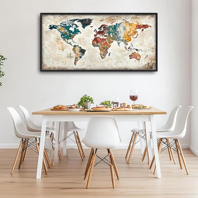 Extra Large Framed World Map Wall Art,Oversized Colorful Vintage Nautical Map Wall Decor Pictures for Living Room,Canvas Print Painting Modern Artwork Office Bedroom Home Decor 60L x30W-PawvioPets