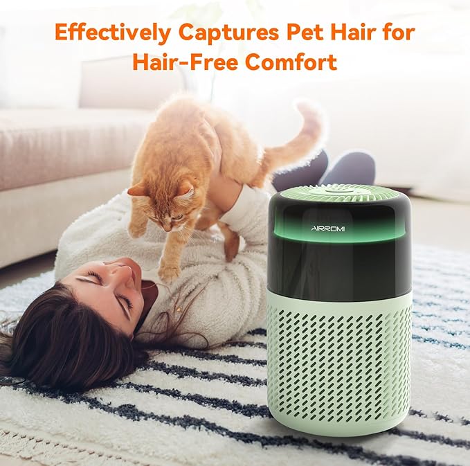 AIRROMI Air Purifier for Bedroom Home,HEPA Filter,Covers Upto 549 Ft²,Quiet 360°intake Air Cleaner with Fragrance ponge for Better Sleep,Night Light,Filters Smoke,Pet Dander,Allergies,Dust,A2005 Green-PawvioPets