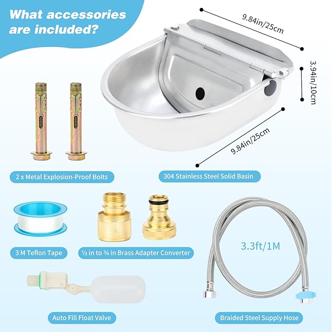 FHTONGE 304 Stainless Steel Automatic Water Dispenser with Drainage for Outdoor Big Dog, Large Auto Fill Dog Waterer Float Valves for Livestock Poultry Horse Cow Goat Pig Chicken Duck Rabbit Drinking-PawvioPets