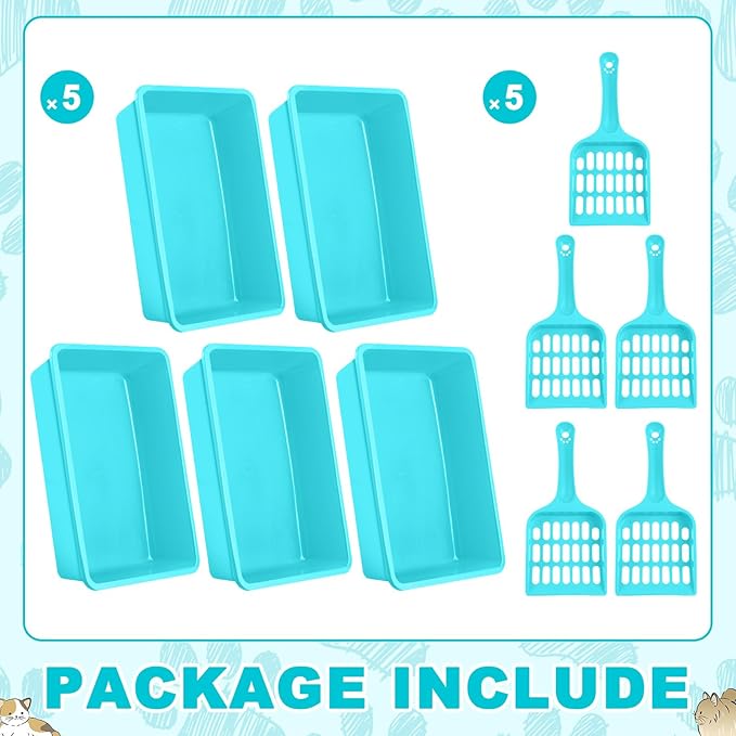 Amyhill 5 Pcs Open Cat Litter Box Kitten Litter Pan with 5 Scooper Medium Plastic Pet Tray Durable Nonstick Kitten Box for Indoor Pets Cats Rabbit Supply Easy to Clean, 14.6x10.6x3.4 Inch (Blue)-PawvioPets