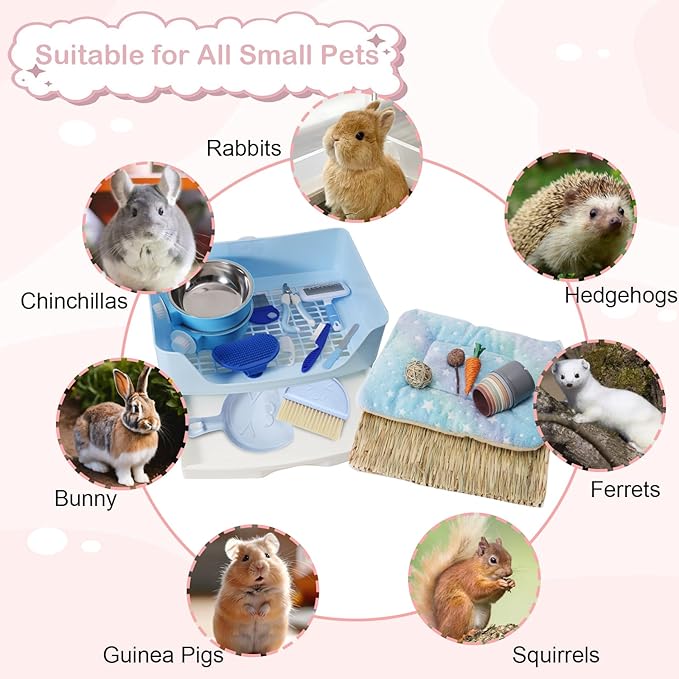 25 Pcs Large Rabbit Starter Kit, Bunny Litter Box with Drawer Animal Grooming Kit Stacking Cups Bowl Blankets Mat with Cleaning Set for Adult Guinea Pig, Ferret, Hamster, Bunnies Accessories (Blue)-PawvioPets