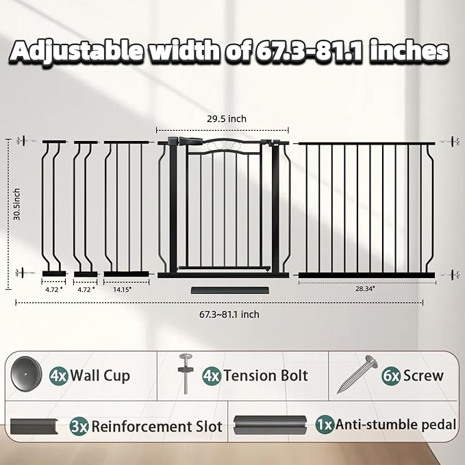 Extra Wide Baby Gate 67.3-81.1 Inch, Pressure Mounted Dog Gate Indoor, Walk Thru Pet Gate for Cat Dog Child,Pet Gates for The House Stairs Doorway Black-PawvioPets