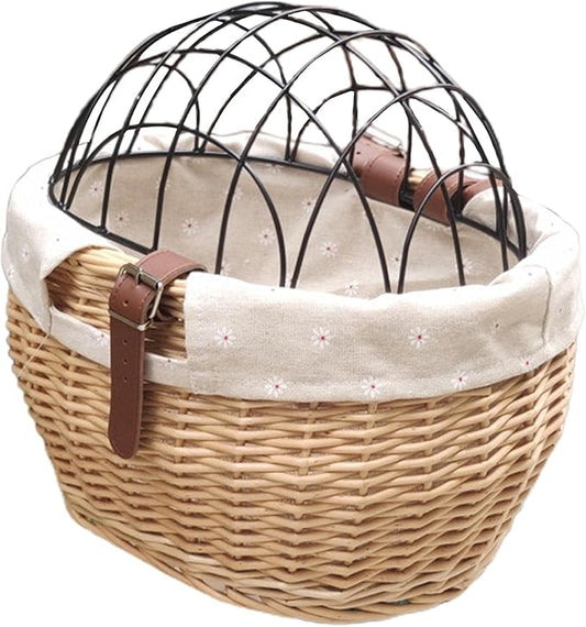 Bike Pet Basket, Wicker Bike Basket for Small Dogs Cats Pet Carrier Front Basket with Wire Mesh Cover and Lid, Wicker Basket for Dogs and Cats, Rattan Storage Basket, 11.81 * 9.84 inch (B)-PawvioPets