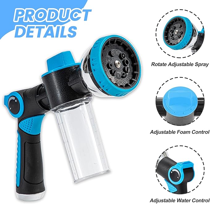 Dog Wash Hose Attachment, 10-in-1 Spray Mode Pet Shower Soap Sprayer with Grooming Comb Rubber Brush, Hose Nozzle with 100cc Soap Dispenser, for Watering, Car Wash, Dog and Horse Showering (Blue)-PawvioPets