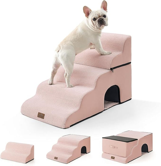 Extra Wide Dog Stairs with Tunnel, Detachable Large Pet Step for Small Medium Dog, Puppy or Cat, Ramp for High Bed, Couch, Sofa or Car, Stable, 19.7x33x22.4 inch, 5 Step, Pink-PawvioPets