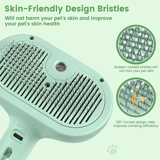 3 in 1 Cat Steam Brush, Pet Spray Hair Removal Comb for Shedding & Grooming, Water Brush for Cats Dogs Small Animals Long Short Haired with One-Click Release Button(Green)-PawvioPets