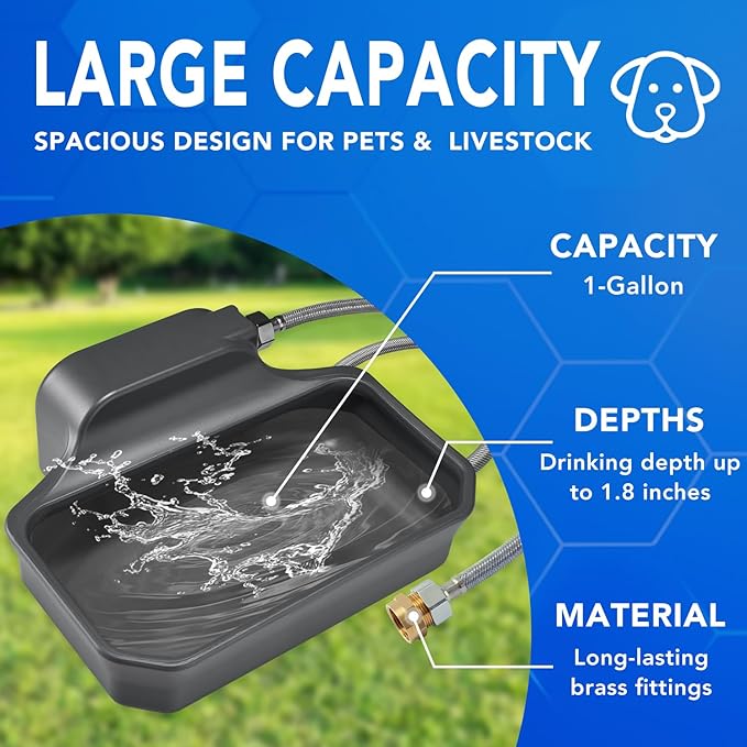 Automatic Water Dispenser for Dogs 1 Gallon, Large Dog Water Bowl Dispenser for Outdoor, Pet Water Bowl Feeder for Livestock, Dog Waterer for 3/4" Faucet, Easy to Install, Large Drinking Area, Gray-PawvioPets