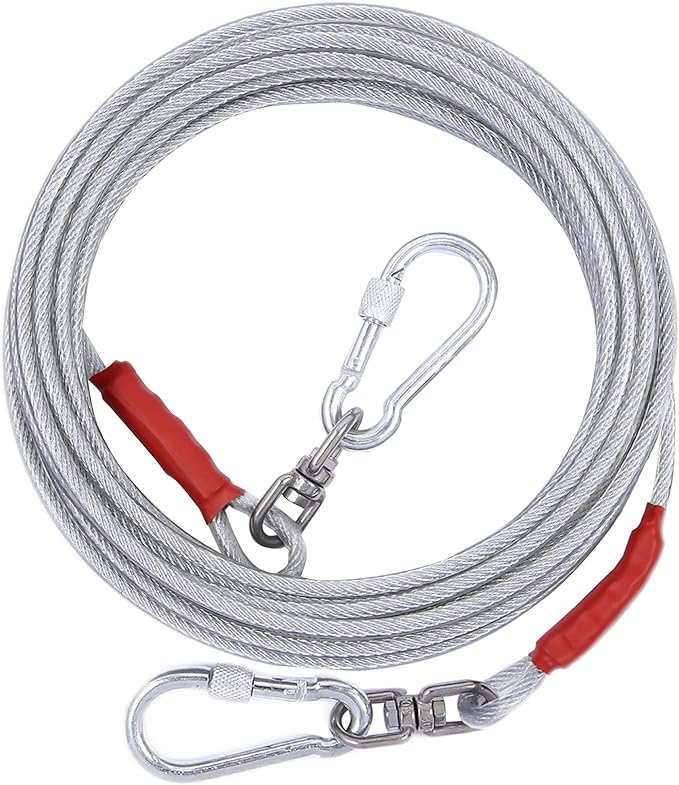 Dog Tie Out Cable for Dogs Outside Up to 250lbs,10/20/30/50/100FT Long Dog Leash&Chains,Small-Large Dogs Runner Cable for Yard,Heavy Duty Lead Line for Outdoor,Camping,Yard (250lbs 100FT, Silver)-PawvioPets
