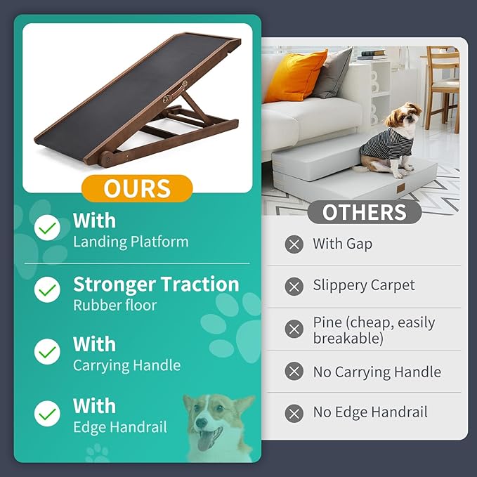 Dog Ramp, Adjustable Height Wooden Folding Pet Ramp for Bed, Couch,SUV-High Traction, Portable Paw Ramps for Small & Large Old Dogs & Cats - Furniture Quality-PawvioPets