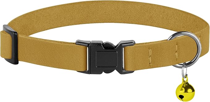 Breakaway Cat Collar Leather with Removable Bell - 13 Colors Available - Soft Adjustable Girl Boy Safety Lightweight Pet Kitten Collars Pink Brown Blue Green Red Orange Black (Mustard)-PawvioPets