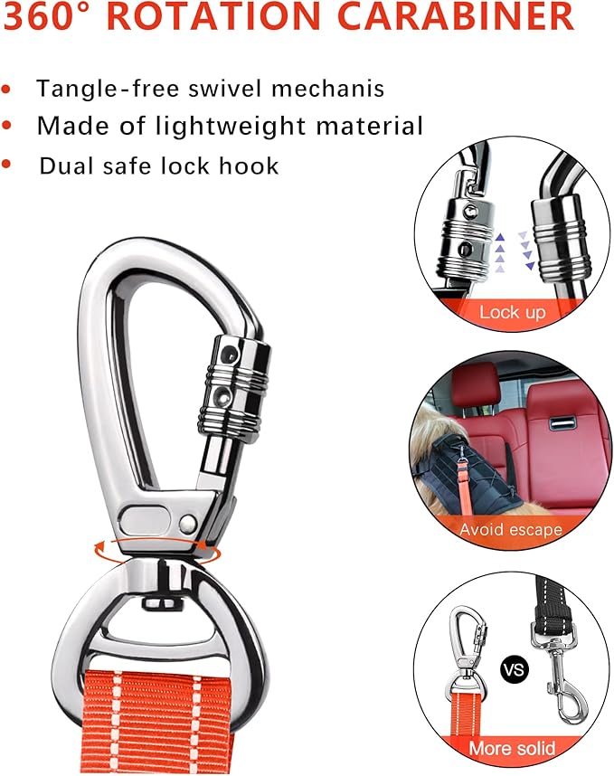 AUBELL Dog Seat Belt for Car,2 Pack Set 3-in-1 Adjustable Reflective Bungee Heavy Duty Dog Car Harness Tether with Clip Hook Latch & Buckle,Swivel Zinc Alloy Carabiner,Black+Orange-PawvioPets