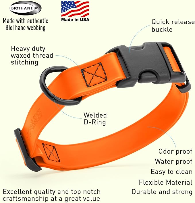 Dogline Biothane Waterproof Dog Collar with Quick Release Buckle Strong Coated Nylon Webbing with Odor- Proof for Easy Care Easy to Clean Fits Small Medium Large Dogs, Orange 5/8" W 9-14" L-PawvioPets