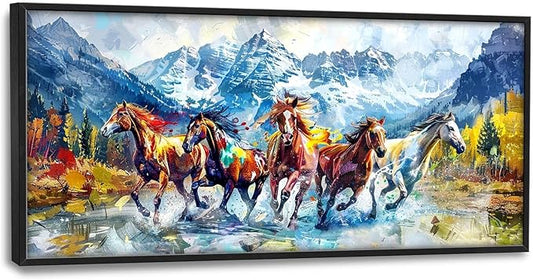 Horse Large Wall Art Running Horses Pictures Colorful Horse Mountain Landscape Wall Decor Wild Animal Nature Canvas Print Painting Artwork for Bathroom Living Room Bedroom 60L" x 30W"-PawvioPets