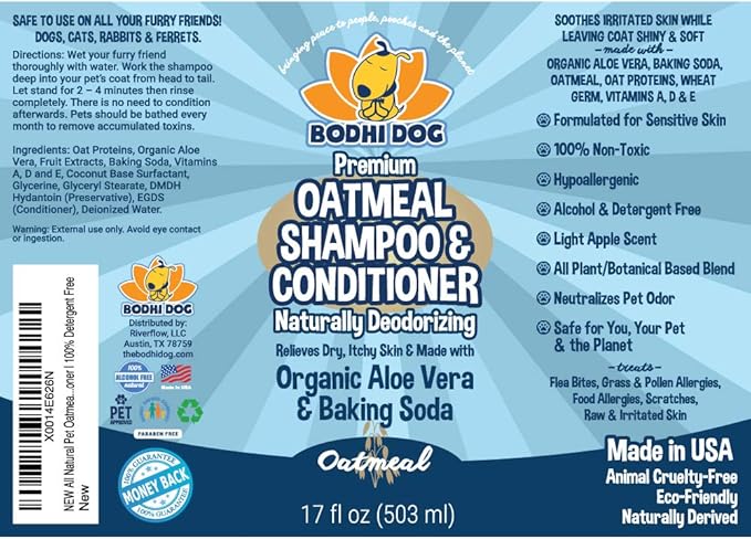 Bodhi Dog Oatmeal Shampoo & Conditioner - Hypoallergenic Formula - Naturally Deodorize Dogs, Cats & Pets - Made w/Organic Ingredients - Moisturizes Dry & Itchy Skin - Made in USA (Oatmeal, 17 Fl Oz)-PawvioPets