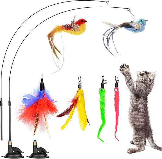 Cat Feather Toys, 10PCS Toys with Super Suction Cup, 2PCS Detachable Wand & 6PCS Replacement Teaser Refills, Interactive Indoor Cat Play-PawvioPets