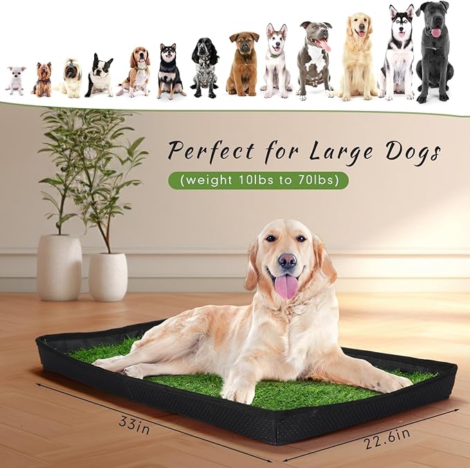 35'' x 22.6'' Dog Grass Pad Large Patch Potty with 2 Artificial Dog Grass Washable Puppy Pee Pad Foldable Dog Litter Box Indoor Outdoor Dog Potty Portable Pet Loo for Travel Balcony-PawvioPets