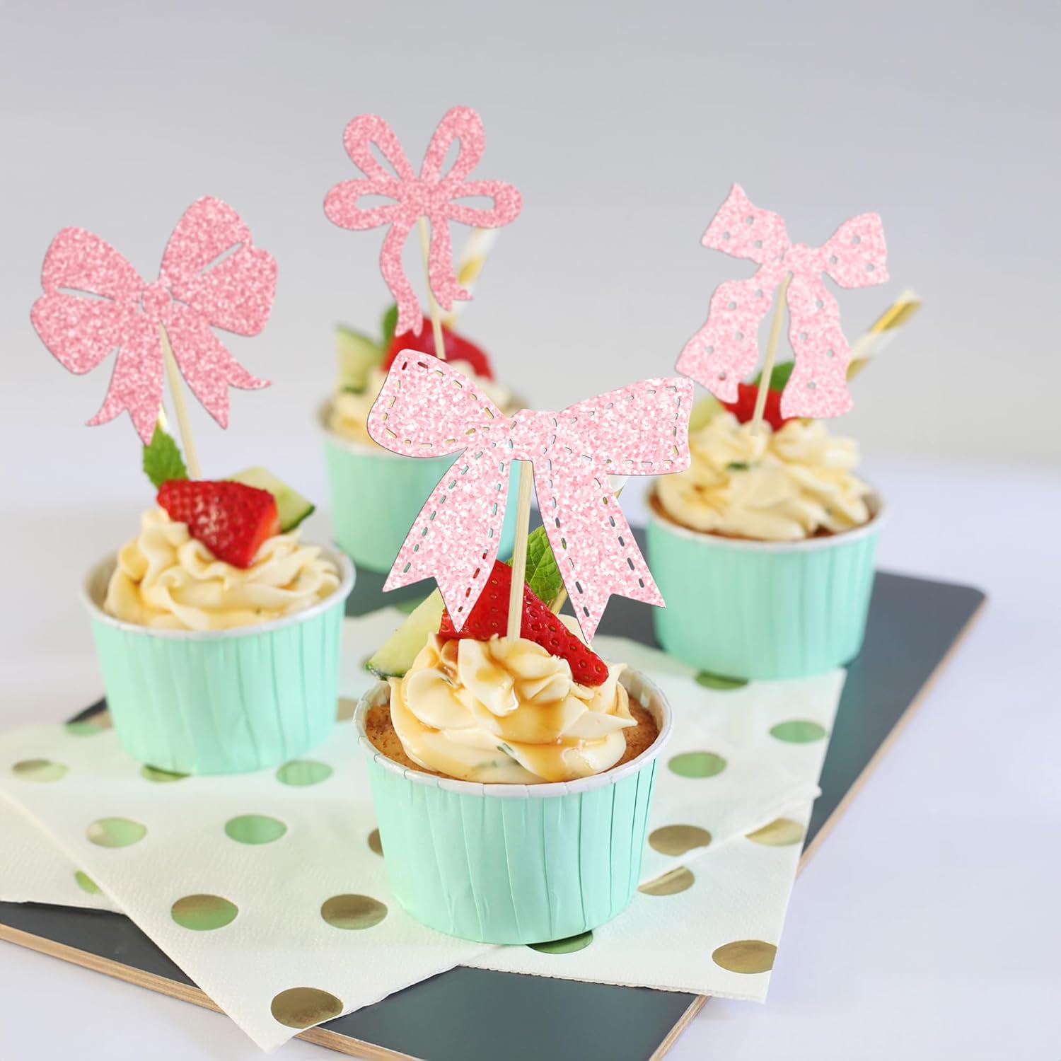 Ephlyn 24Pcs Pink Bow Cupcake Toppers Bow Birthday Cake Topper Girls Birthday Party Decorations Bowknot Cupcake Decorations for Bridal Baby Shower Birthday Wedding Themed Party Multi