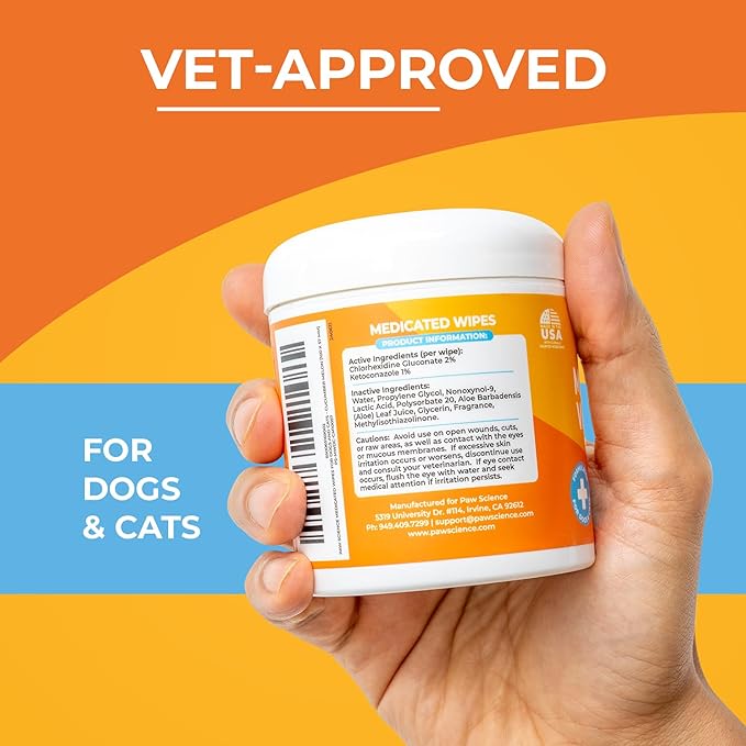 Antibacterial & Antifungal Medicated Wipes for Dogs and Cats – 100 Count - Chlorhexidine Wipes with Ketoconazole for The Treatment of Rashes, Skin Infections, Itchy Paws, and Pet Acne-PawvioPets