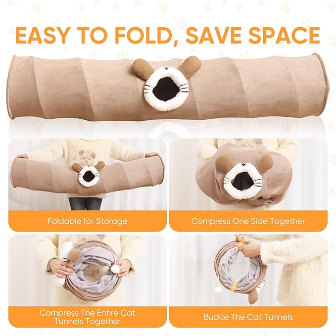 Collapsible Cat Tunnel Straight Tube for Indoor Cats & Kittens Large Foldable Play Cave Toy with Hanging Ball & Peek Hole,Ideal for Rabbits, Ferrets, Puppies & Small Pets-PawvioPets