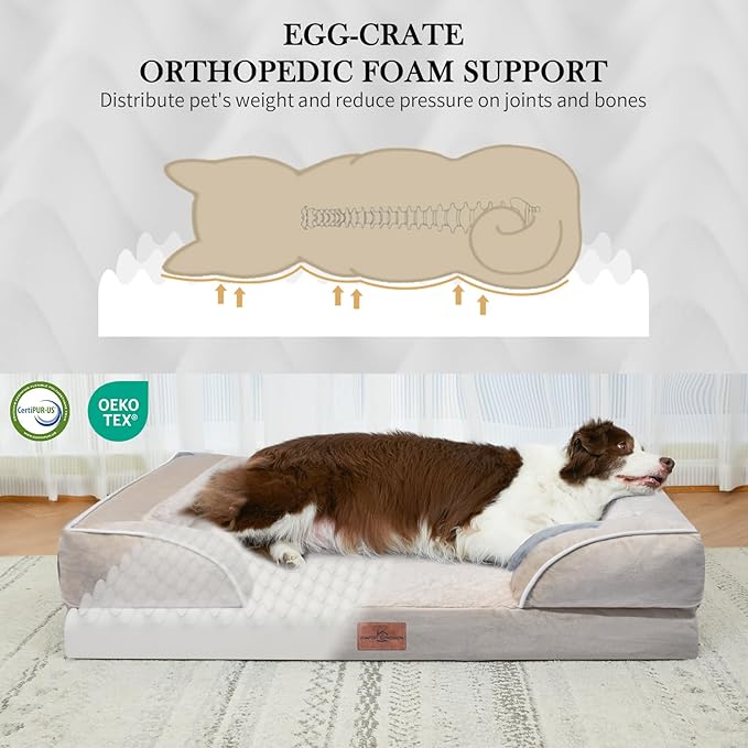 Comfort Expression Large Dog Beds Waterproof Orthopedic Foam Dog Sofa Beds Comfy Pet Bed with Washable Removable Cover & Non-Slip Bottom(Large,Beige)-PawvioPets