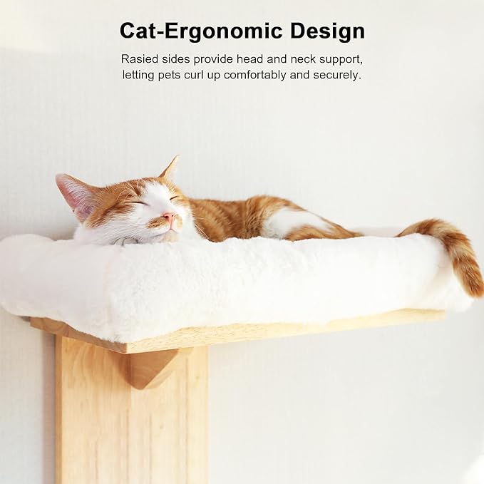 FUKUMARU Cat Wall Shelves, 2 Platform Cats Walls Furniture, Tree Shape Kitten Floating Shelf with Soft Cushion Perch, Solid Rubber Wood for 16 Inch Drywall, Suitable for Climb, Play, Nap-PawvioPets