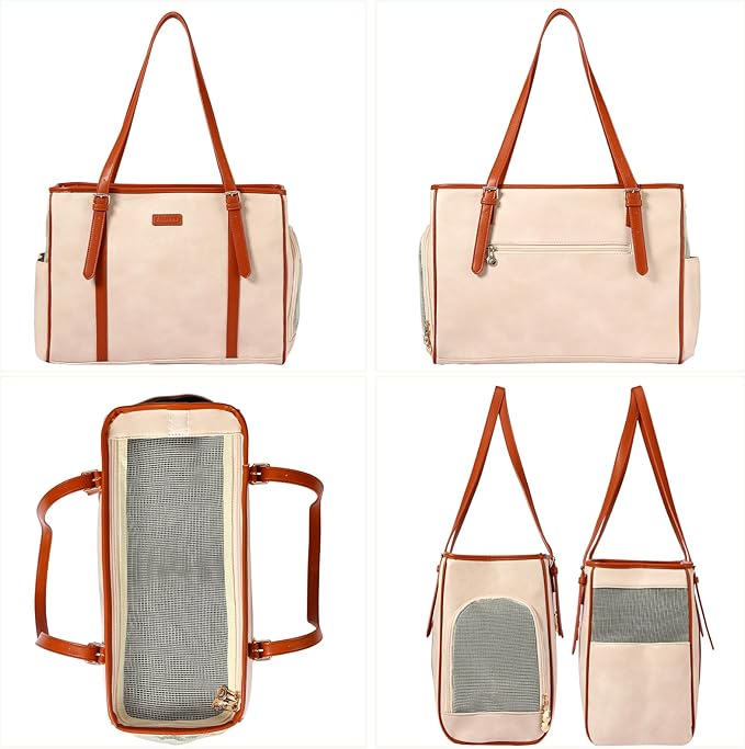 Fashion Dog Purse Pet Carrier Leather Bag for Small Dogs Cats Puppy, Portable Tote Bag Airline Approved Soft-Sided Carriers (Beign)-PawvioPets