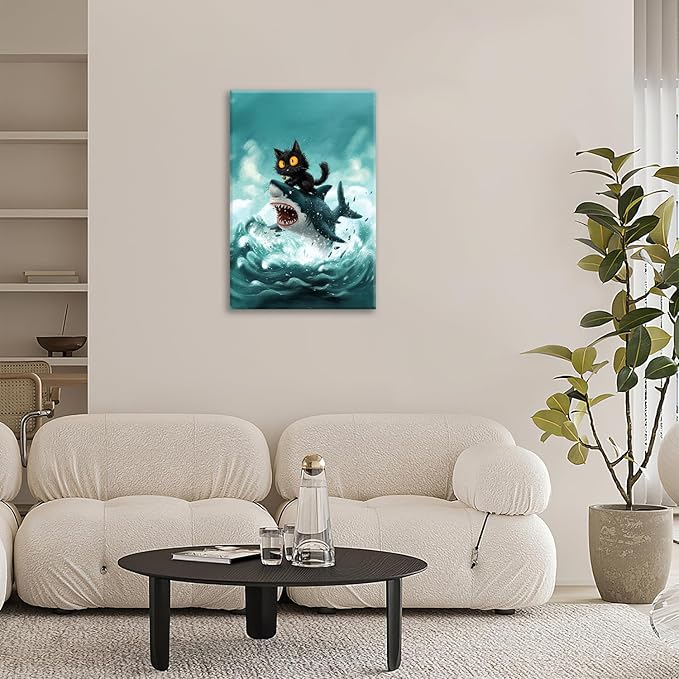 Funny Black Cat Bathroom Wall Art Cute Cat Riding Shark Canvas Wall Decor Animal Kitten Pictures Painting Print Artwork Framed Decorations Gifts for Cat Lover Kids Room Bedroom 16"x24"-PawvioPets