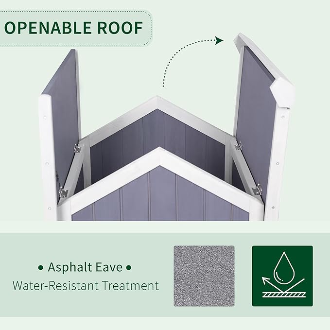 GEGURI Outdoor Cat House Weatherproof, Wooden Two-Story Feral Cat Shelter with Openable Roof, Escape Door, Balcony-PawvioPets