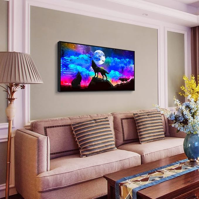 Framed Canvas Wolf Landscape Painting Canvas Wall Art For Living Room Bathroom Wall Decor For Bedroom Kitchen Artwork Canvas Art Prints Modern Office Home Decorations Blue Starry Sky Hang Pictures-PawvioPets