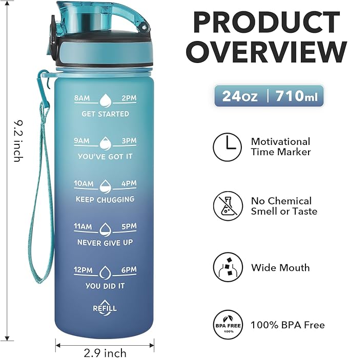 Enerbone Water Bottle, Leakproof BPA & Toxic Free, Motivational Water Bottle with Times to Drink and Straw, Fitness Sports Water Bottle with Strap for Office, Gym, Outdoor Sports-PawvioPets