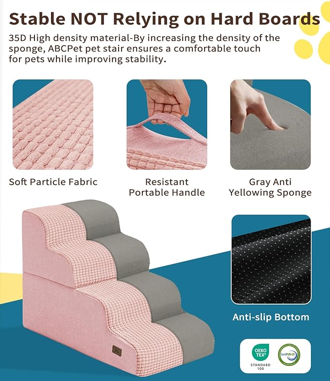 Dog Step for Bed, Dog Stair 4-Step 35D Pet Stair 19.7" H for High Bed or Sofa Non-Slip Balanced Pet Step Indoor, Pink-PawvioPets