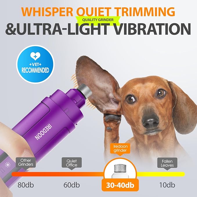 Dog Nail Grinder Upgraded - Professional 3-Speed Super Quiet and Low Vibration Electric Pet Nail Grinder with 4 LED Lights - Painless Paws Grooming & Smoothing for Small to Large Dogs (Purple)-PawvioPets