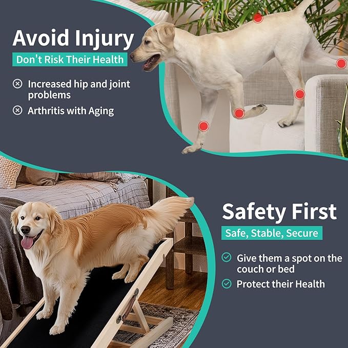 Dog Ramp, Adjustable Height Wooden Folding Pet Ramp for Bed, Couch,SUV-High Traction, Portable Paw Ramps for Small & Large Old Dogs & Cats - Furniture Quality-PawvioPets