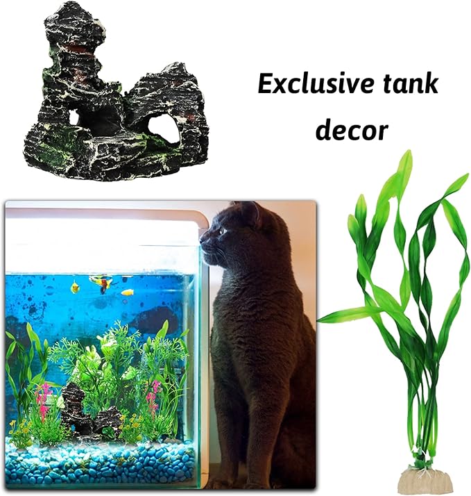 Fish Tank Accessories Aquarium Decorations Plants, 9pcs Green Fish Tank Decorations Plants and Cave Rock Decoration Decor Set, Aquarium Decor Plastic Plants-PawvioPets