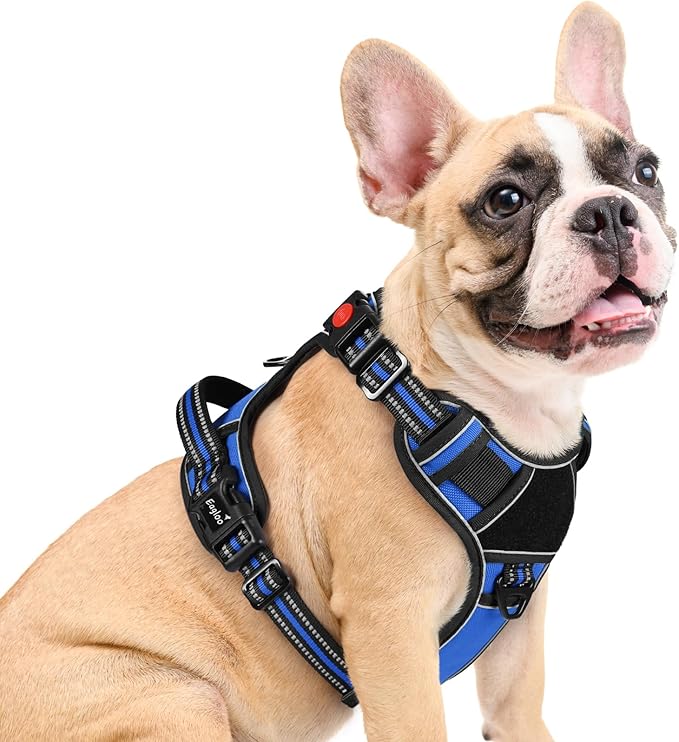 Eagloo Dog Harness Medium Sized, Easy Wearing with 3 Buckles, Adjustable No Pull Pet Harness with 2 Rings for Walking, No Chock Reflective Soft Padded Vest with Control Handle, Blue & Black, M-PawvioPets