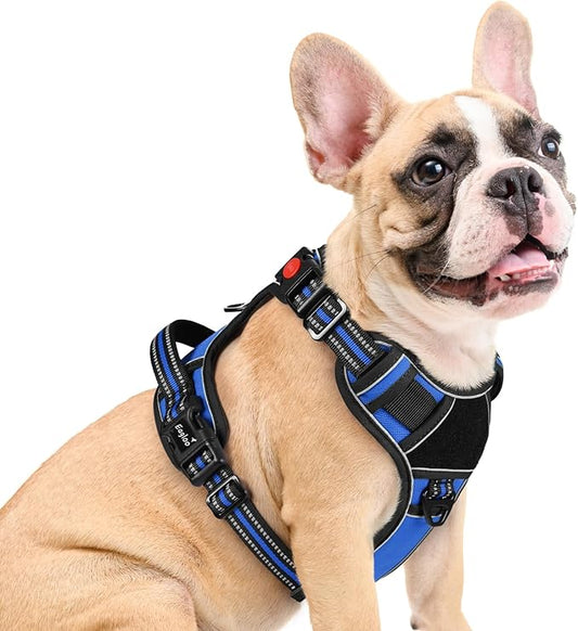 Eagloo Dog Harness Medium Sized, Easy Wearing with 3 Buckles, Adjustable No Pull Pet Harness with 2 Rings for Walking, No Chock Reflective Soft Padded Vest with Control Handle, Blue & Black, M-PawvioPets