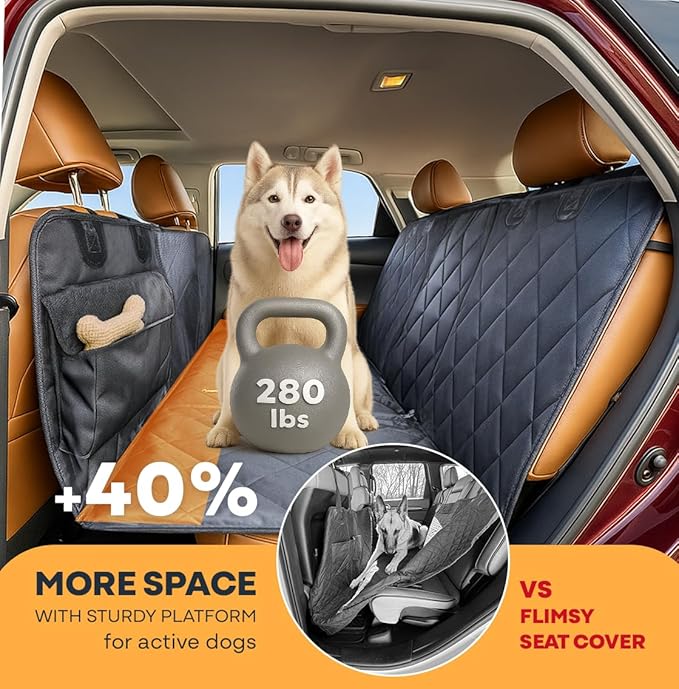 APetsPlanet Dog Car Seat Cover for Back Seat Hard Bottom - Waterproof Backseat Extender for Dogs - Pet Hammock for Car, Truck, SUV - Protector Bed with Mesh Window & Storage - Black, No Door Covers-PawvioPets