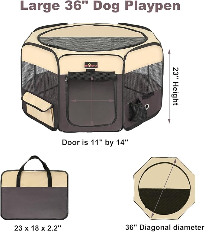 Aivituvin Portable Pet Playpen, Foldable Dog Tent Crate Cage for Puppies and Cats, Exercise Pop Up Dog Kennel with Carrying Case Indoor Outdoor, Waterproof and Zipper Top Cover Door, Brown-PawvioPets