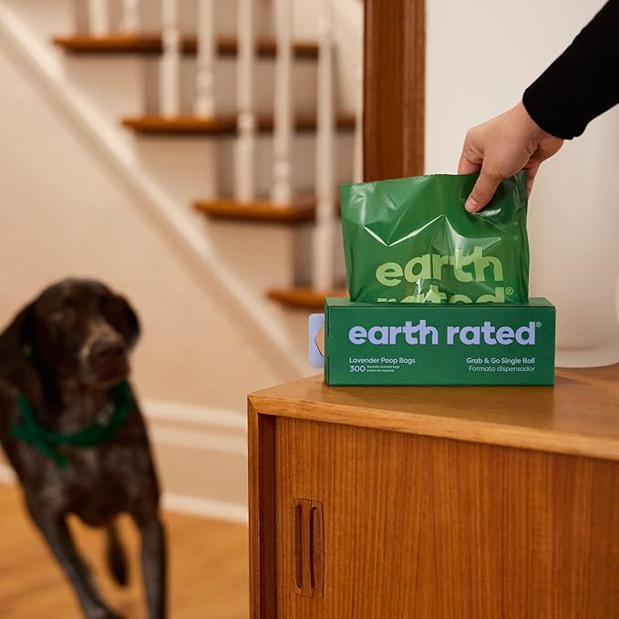 Earth Rated Dog Poop Bags, Thick Grab and Go Single Roll, Ideal for Backyard Pickups, Lavender Scented, 300 Count-PawvioPets