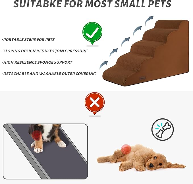 5-Step Dog Stairs and Ramp for High Bed,Non-Slip Sturdy Pet Steps for Small Dogs and Cats,22.2" H,Brown-PawvioPets