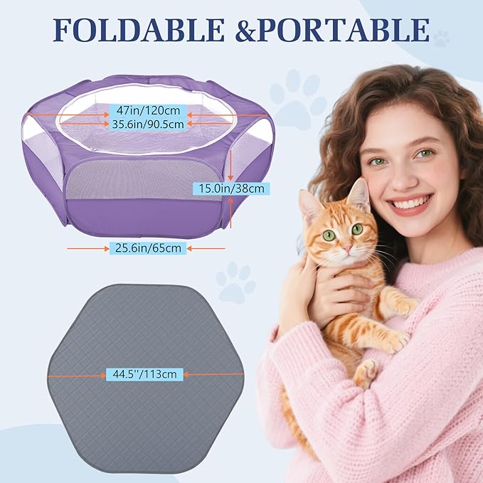 2-in-1 Small Animals Playpen with Pad, Waterproof Small Pet Cage Tent with Reusable Pad, Portable Outdoor Yard Fence with 3 Metal Rod for Chick/Kitten/Puppy/Guinea Pig/Rabbits/Chinchillas, Purple-PawvioPets