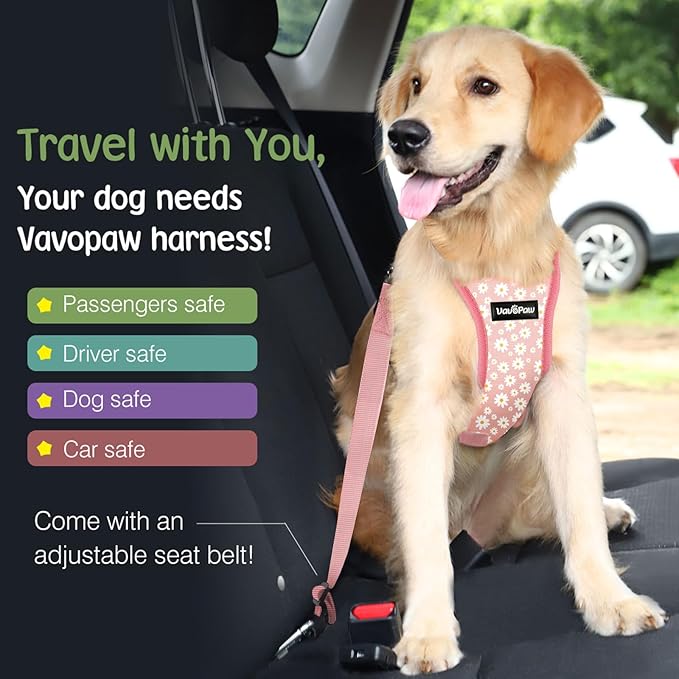 Dog Seat Belt, Safety Vest Dog Car Harness with Adjustable Buckle Dog Seat Belt for Vehicle Nylon Pet Safety Seat Belts Heavy Duty(S, Pink Daisy)-PawvioPets